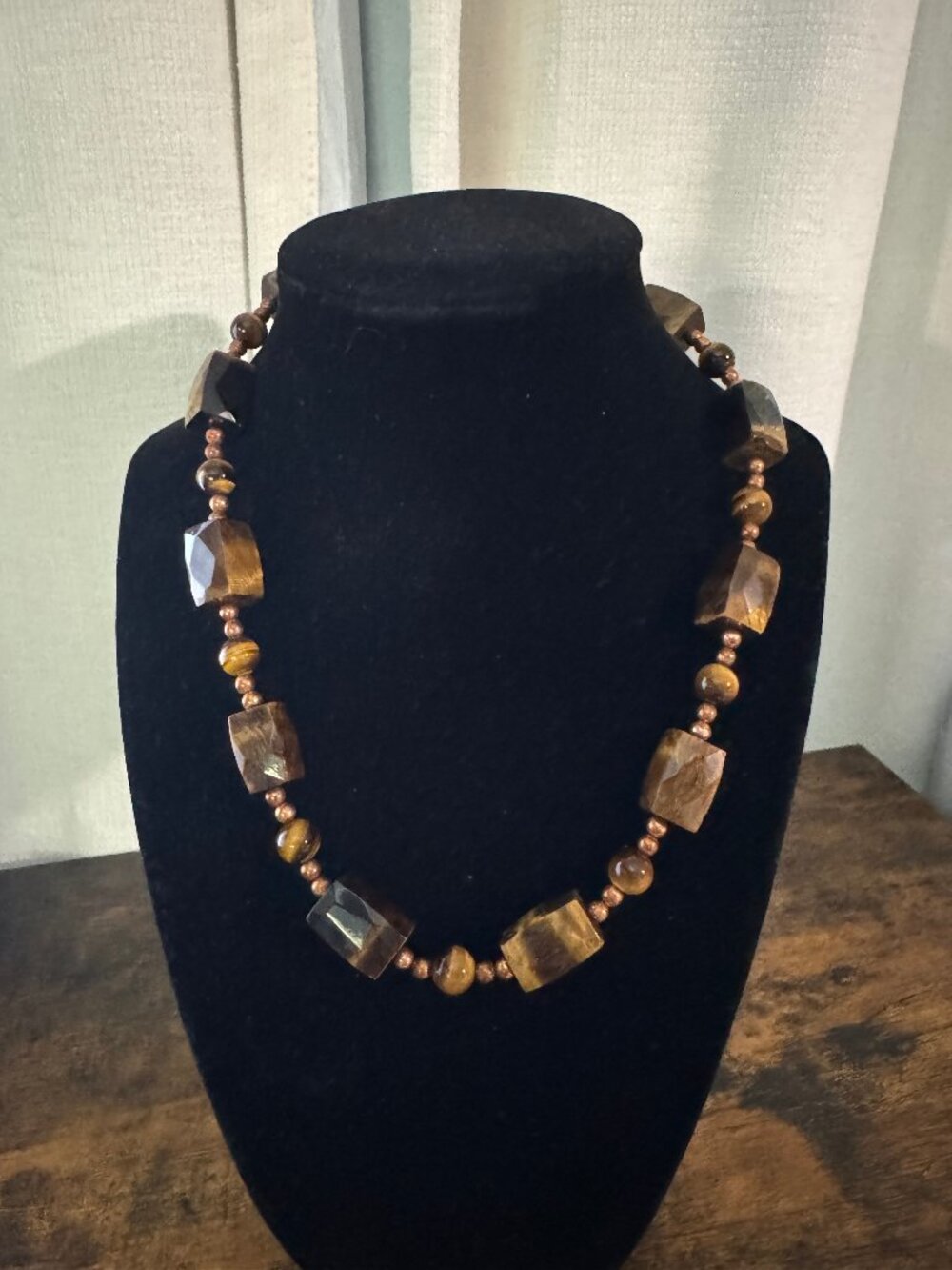 Vintage 17 Inch Tigers Eye Necklace with Metal Spacer Beads Artisan